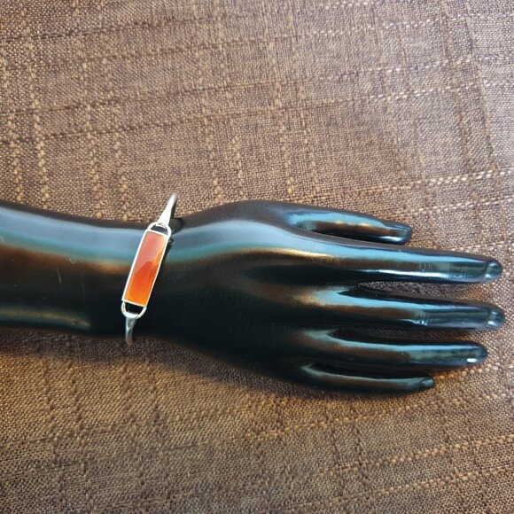 Rare Vintage Mexico 925 Sterling Silver Carnelian Enamel Bangle Bracelet - Picture 11 of 11